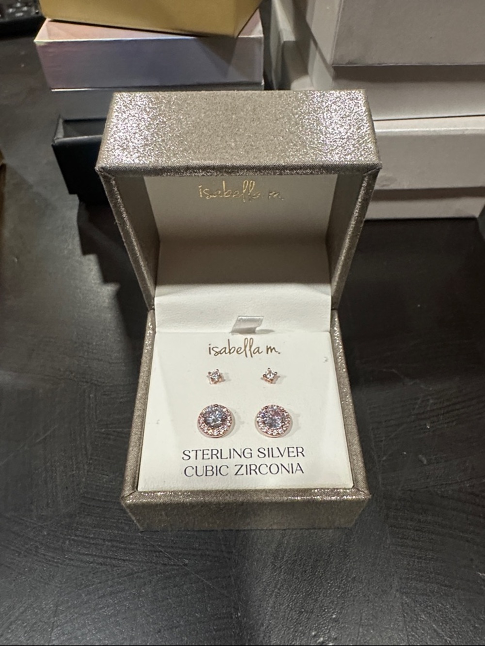 Isabella M Sterling Silver rose gold Cubic Zirconia Stud Earrings - Two Pair Set